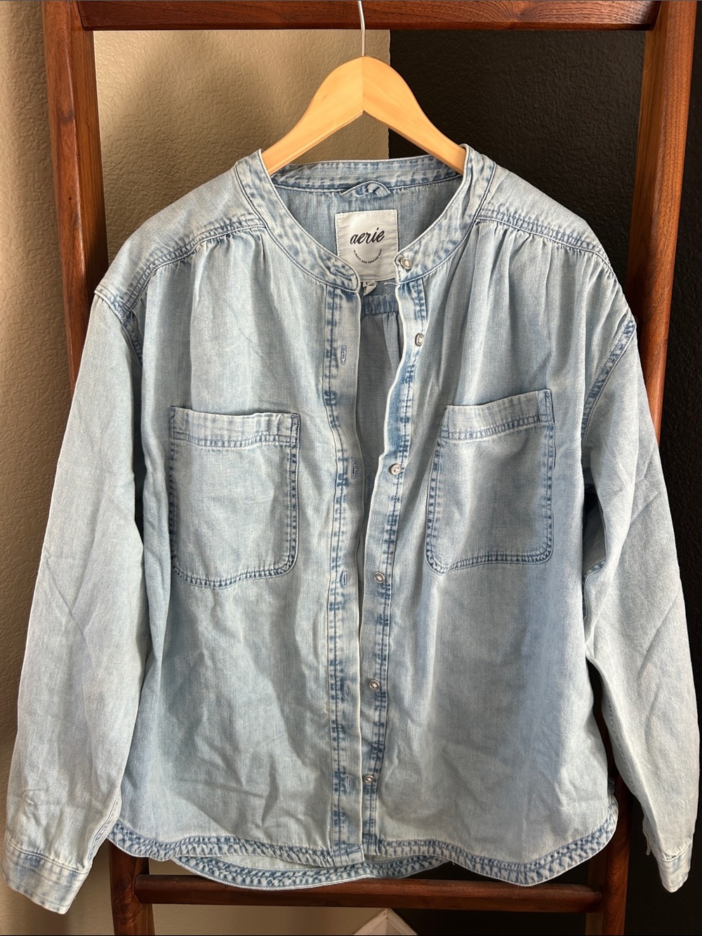 aerie Light Blue Denim Button-Front Shirt